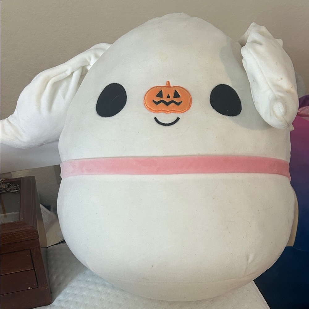 Squishmallows White Bunny with Pink Band and Orange Pumpkin Nose